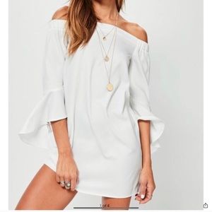Misguided Bardot Ruffle Sleeve Shift Dress White